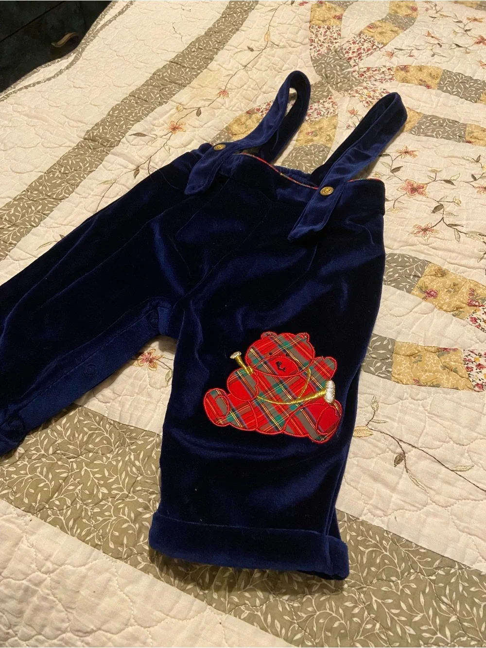 Vintage Blue Velvet Baby Overalls with Plaid Bear Design Size 6-9 Months Unisex